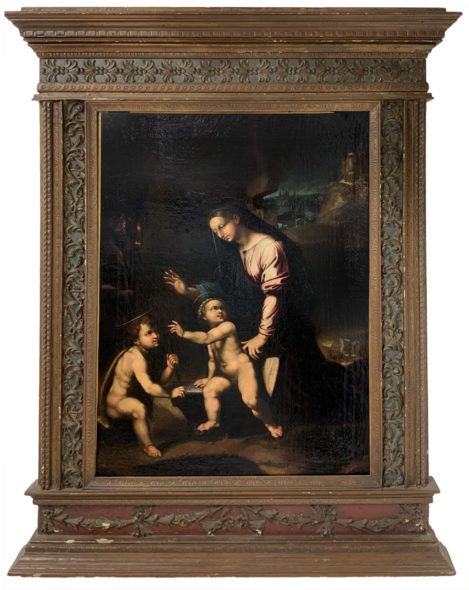Lotto 28: Pittore italiano del XVI secolo cerchia di Raffaello. Madonna con Gesù bambino e San Giovannino. Stima € 80.000/100.000