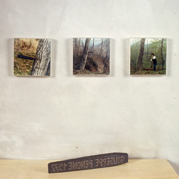 Giuseppe Penone, Scrive – Legge – Ricorda, 1969-72, 3 fotografie a colori 19 x 19 cm ciascuna e cuneo in ferro 5.5 x 43 x 4.5 cm, Edizioni Multipli - Torino, 50 ex.