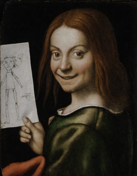 Giovan Francesco Caroto: Ritratto di giovane con disegno infantile, 1520 circa. olio su tavola, 37x29 cm. Verona, Musei Civici, Museo di Castelvecchio