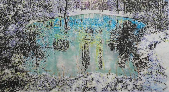Ena Swansea Central Park Pond, 2019 Oil and acrylic on linen 152.4 x 274.3 cm 60 x 108 in