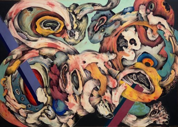 Ahmed Alsoudani, Rome, 2019. Acrylic, charcoal and color pencil on canvas, cm 180,4x254. Collezione Privata