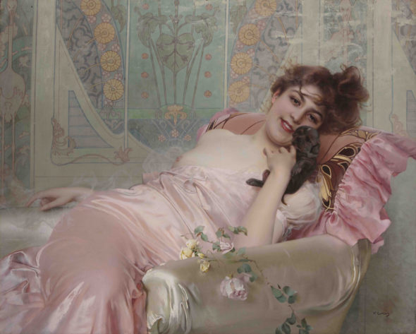 Vittorio Matteo Corcos: Ritratto di signora con cagnolino, olio su tela, cm 88 x 110. Provenienza: Collezione privata, Romania. Galleria Butterfly Institute Fine Art