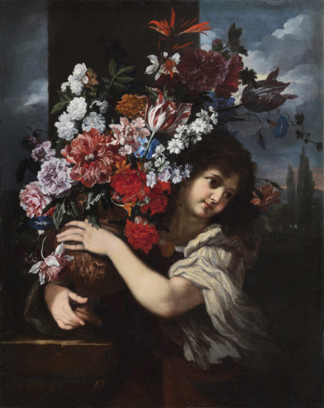 Abraham Brueghel - Guillaume Courtois: Vaso di Fiori con fanciulla, XVII Sec, olio su tela. Galleria Renzo Moroni