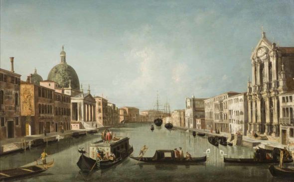 Francescoa Albotto: Il Canal Grande con San Simeone Piccolo, la Chiesa degli Scalzi e la Chiesa della Croce, Venezia, 1744-45. Galleria Milani Antichità