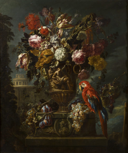 David de Coninck: Natura morta con vaso in marmo scolpito, fiori e pappagallo. Galleria Gianluca Arcuti