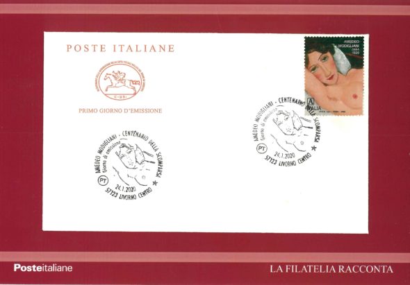 L'annullo per il francobollo dedicato a Modigliani nel centenario della morte