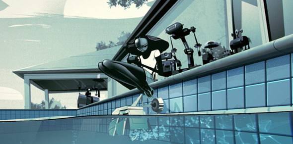 Il robot da cui deriva Zima Blue insieme alla sua creatrice, entrambi nella piscina dove tutto ebbe inizio