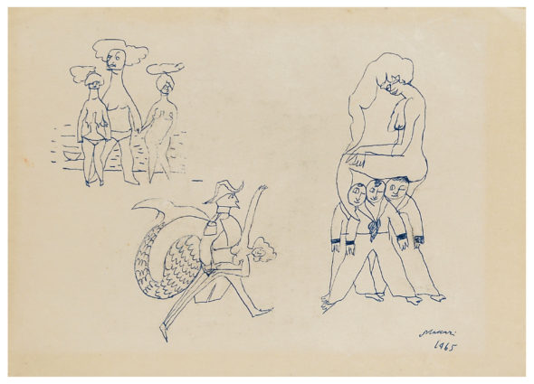 Senza titolo (Signorin e militari), 1965 Penna su carta, 23 x 32 cm