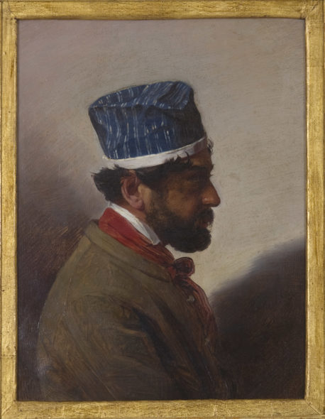 GIUSEPPE MOLTENI (Affori, 1800 - Milano, 1867), RITRATTO DI SCULTORE, Olio su carta, 330 x 255 mm