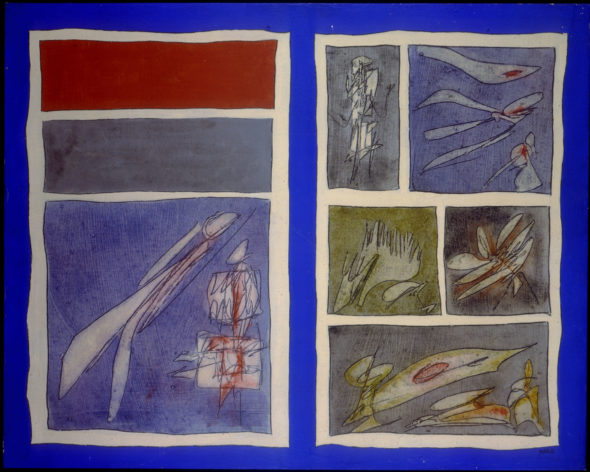 Achille Perilli, La caccia al guru 1961 tecnica mista su tela 65 x 81 cm
